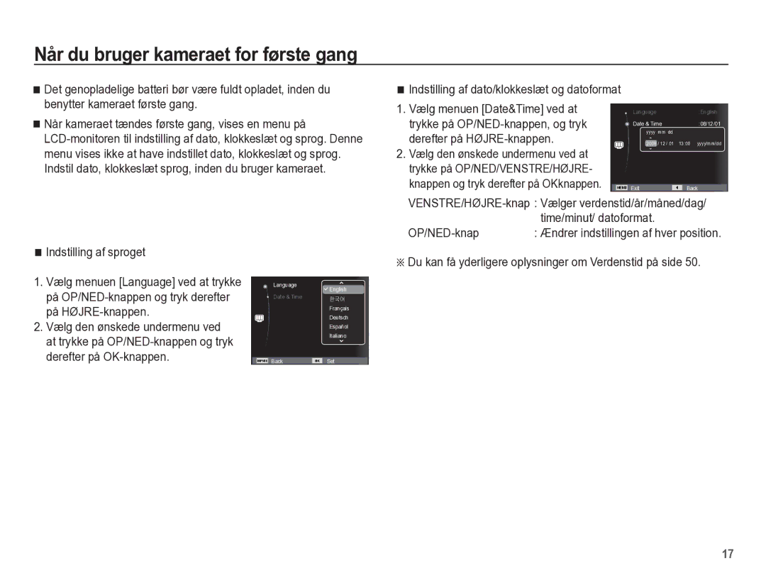 Samsung EC-ES55ZSBP/E2 Når du bruger kameraet for første gang, Du kan få yderligere oplysninger om Verdenstid på side 