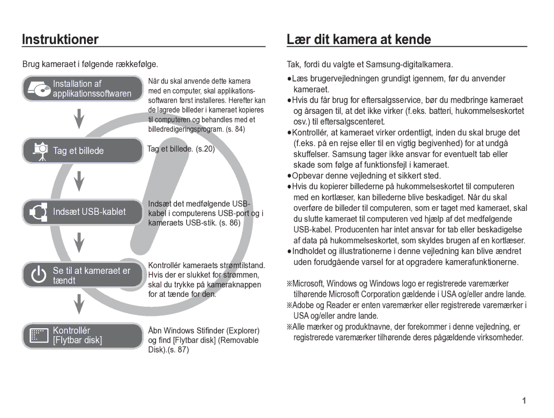 Samsung EC-ES55ZSBP/E2 Instruktioner, Lær dit kamera at kende, Brug kameraet i følgende rækkefølge, Tag et billede. s.20 