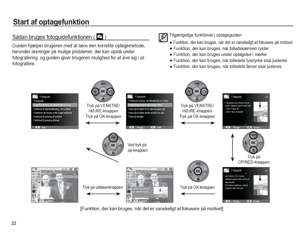 Samsung EC-ES55ZPBP/E2 Sådan bruges fotoguidefunktionen, Tilgængelige funktioner i optageguiden, Tryk på OP/NED-knappen 