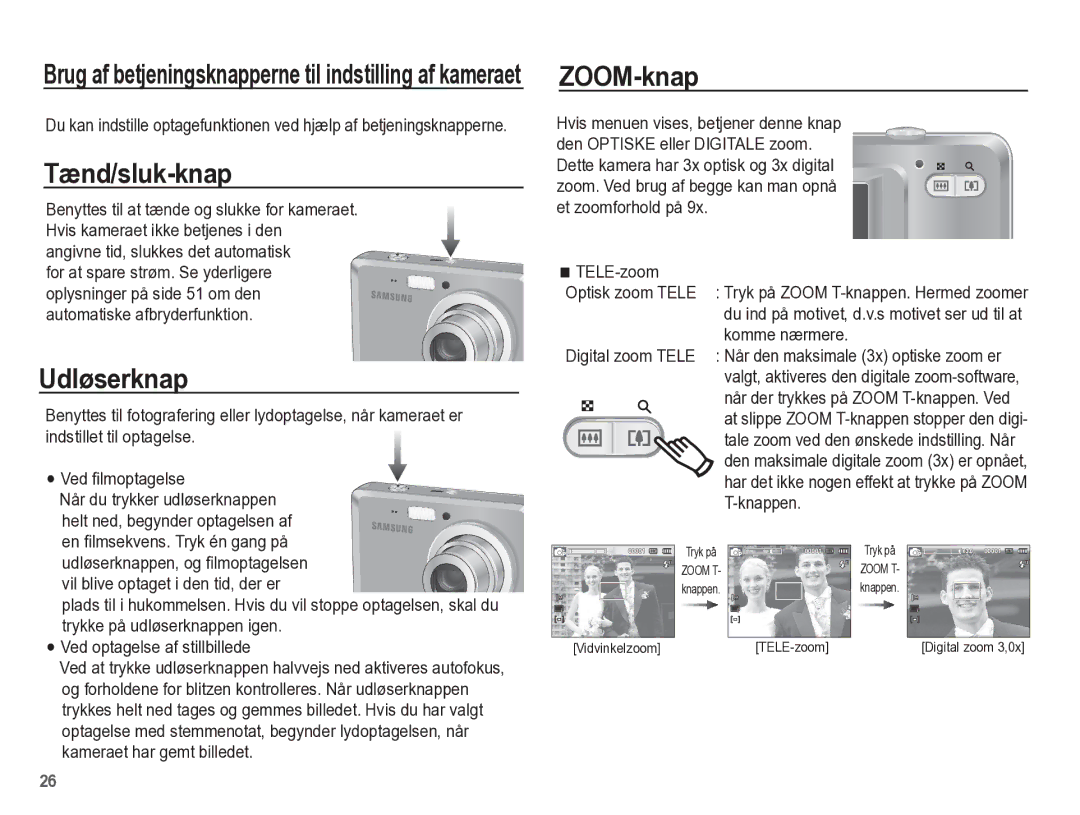 Samsung EC-ES55ZPBP/E2, EC-ES55ZABP/E2, EC-ES55ZBBP/E2, EC-ES55ZSBP/E2 manual Tænd/sluk-knap, Udløserknap, ZOOM-knap, Knappen 