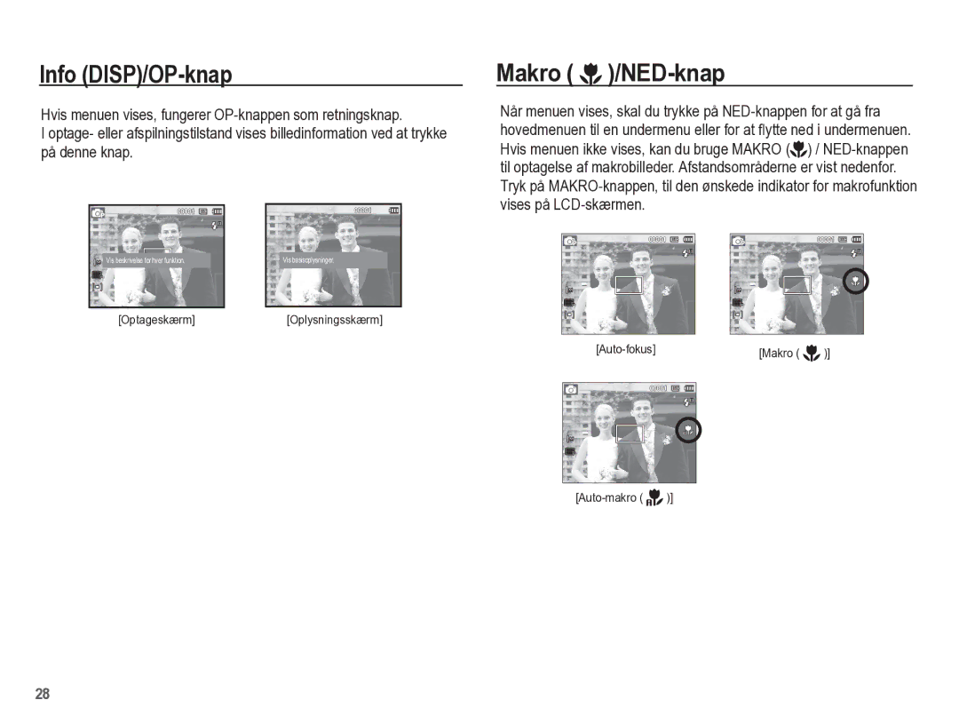 Samsung EC-ES55ZBBP/E2, EC-ES55ZABP/E2, EC-ES55ZSBP/E2, EC-ES55ZPBP/E2 manual Info DISP/OP-knap, Makro /NED-knap 