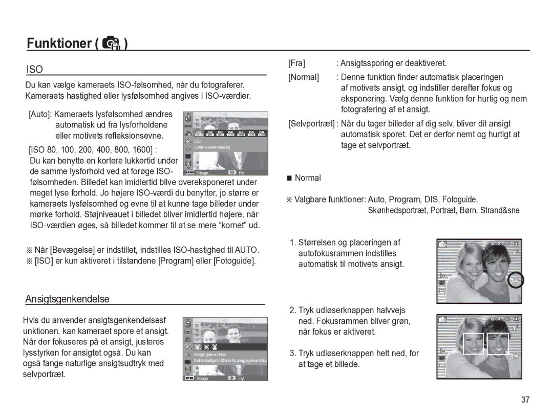 Samsung EC-ES55ZSBP/E2 manual Ansigtsgenkendelse, ISO 80, 100, 200, 400, 800, Fra Ansigtssporing er deaktiveret Normal 