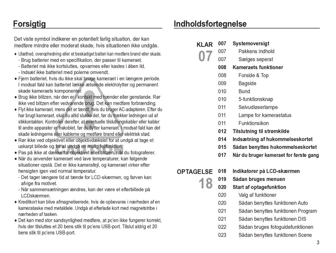 Samsung EC-ES55ZABP/E2, EC-ES55ZBBP/E2, EC-ES55ZSBP/E2 Forsigtig Indholdsfortegnelse, Pakkens indhold 007 Sælges seperat 