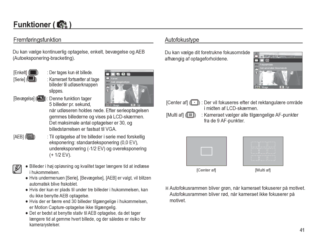 Samsung EC-ES55ZSBP/E2, EC-ES55ZABP/E2, EC-ES55ZBBP/E2, EC-ES55ZPBP/E2 manual Fremføringsfunktion, Autofokustype 