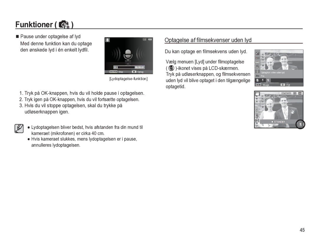 Samsung EC-ES55ZSBP/E2, EC-ES55ZABP/E2 manual Den ønskede lyd i én enkelt lydﬁl, Du kan optage en ﬁlmsekvens uden lyd 