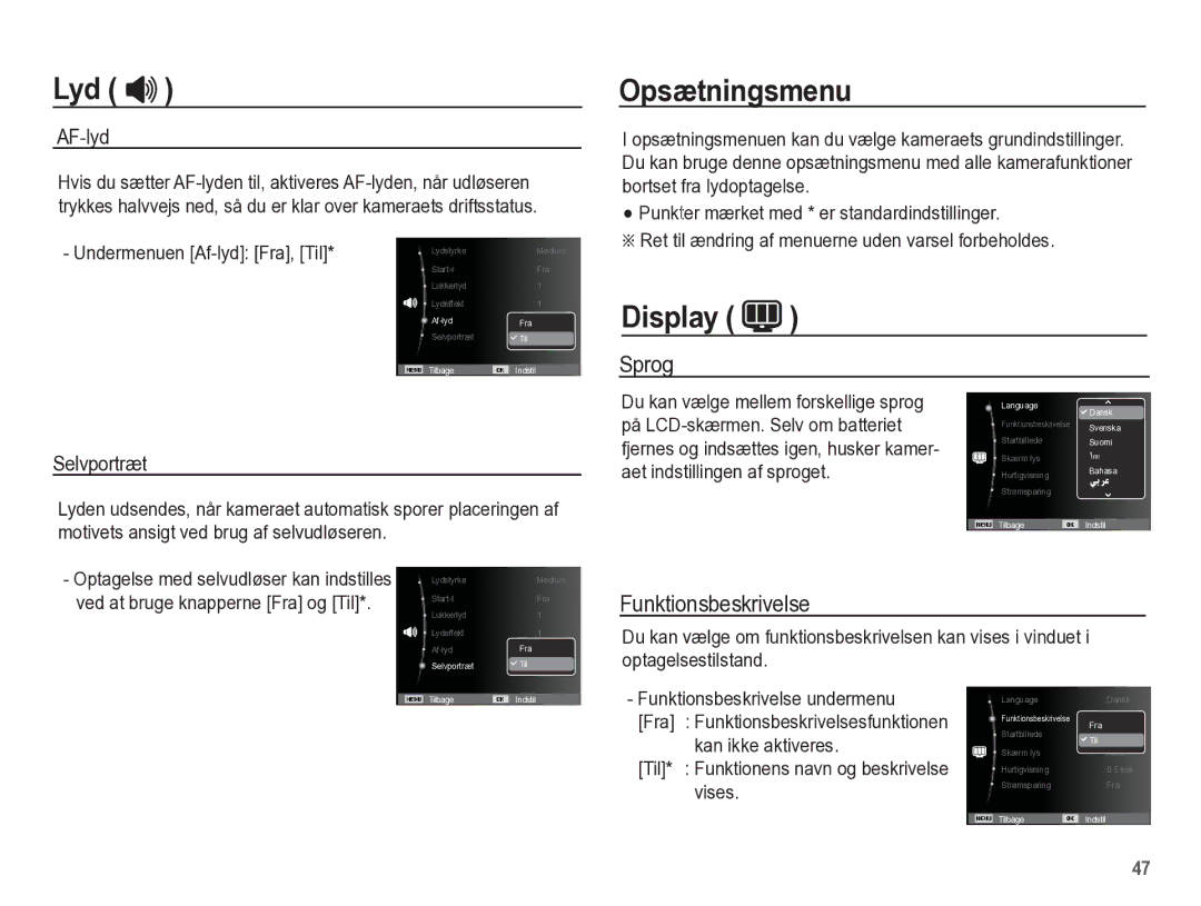 Samsung EC-ES55ZABP/E2, EC-ES55ZBBP/E2, EC-ES55ZSBP/E2, EC-ES55ZPBP/E2 Opsætningsmenu, Display, Sprog, Funktionsbeskrivelse 