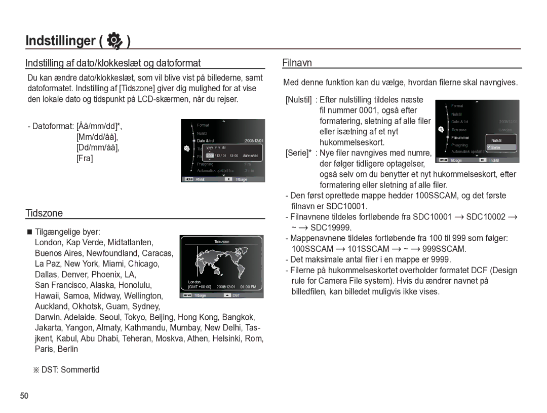 Samsung EC-ES55ZPBP/E2, EC-ES55ZABP/E2, EC-ES55ZBBP/E2 manual Indstilling af dato/klokkeslæt og datoformat, Tidszone, Filnavn 