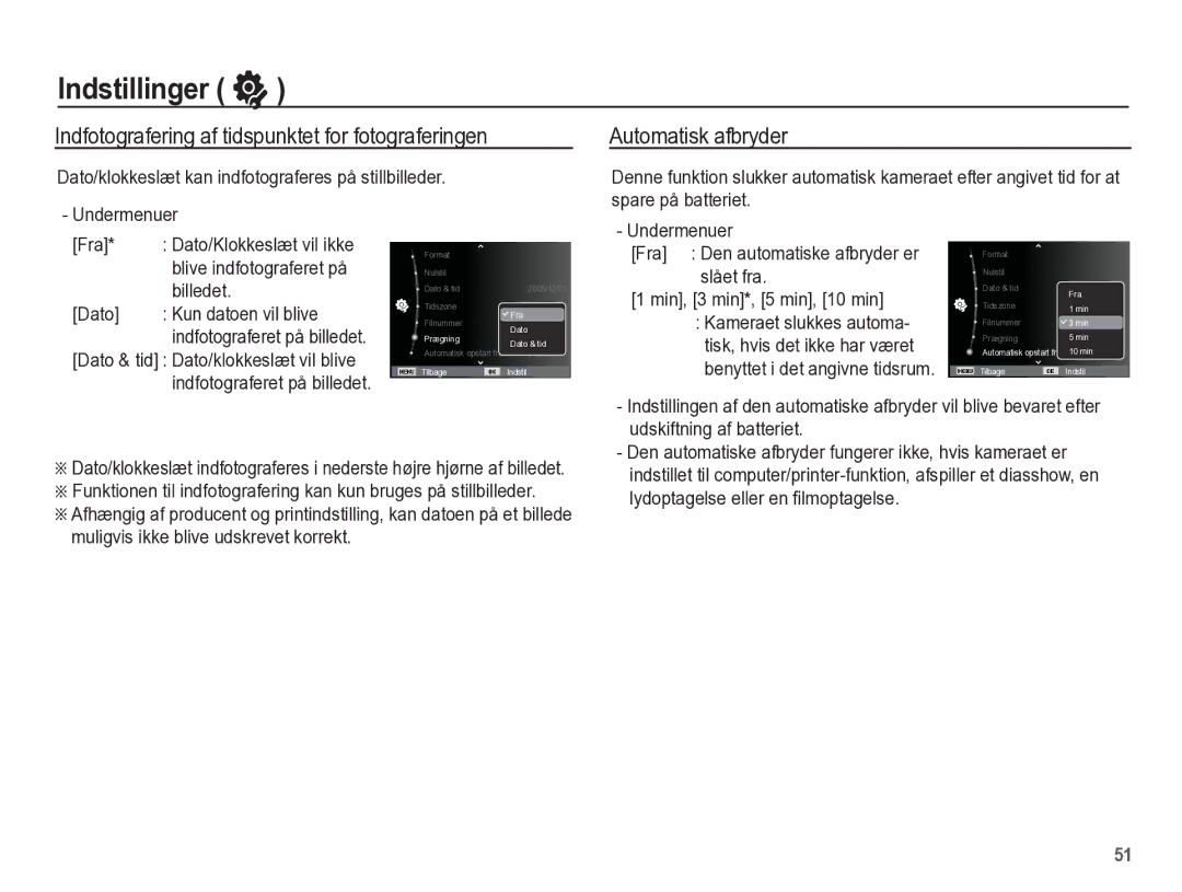 Samsung EC-ES55ZABP/E2, EC-ES55ZBBP/E2 manual Indfotografering af tidspunktet for fotograferingen, Automatisk afbryder 