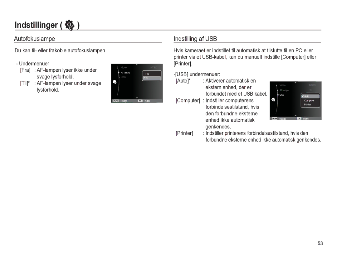 Samsung EC-ES55ZSBP/E2, EC-ES55ZABP/E2, EC-ES55ZBBP/E2, EC-ES55ZPBP/E2 manual Autofokuslampe Indstilling af USB 