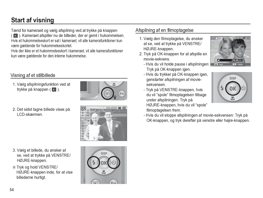 Samsung EC-ES55ZPBP/E2, EC-ES55ZABP/E2 manual Start af visning, Visning af et stillbillede, Afspilning af en filmoptagelse 