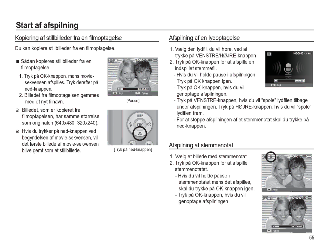 Samsung EC-ES55ZABP/E2 Start af afspilning, Kopiering af stillbilleder fra en filmoptagelse, Afspilning af en lydoptagelse 