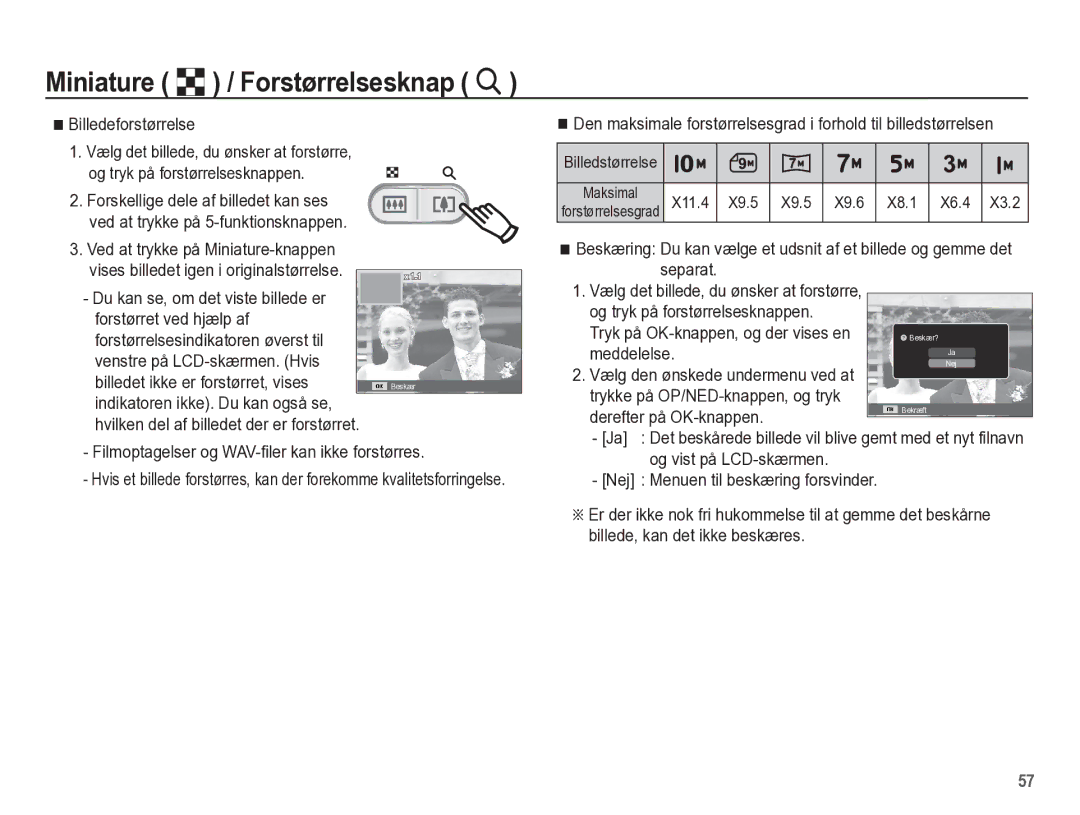 Samsung EC-ES55ZSBP/E2 manual Billedeforstørrelse, Ved at trykke på Miniature-knappen, Tryk på OK-knappen, og der vises en 