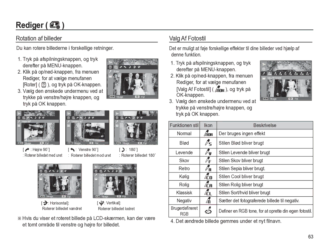 Samsung EC-ES55ZABP/E2, EC-ES55ZBBP/E2 Rotation af billeder, Du kan rotere billederne i forskellige retninger, OK-knappen 