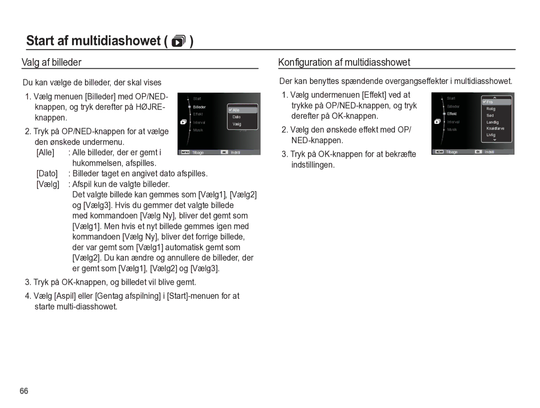 Samsung EC-ES55ZPBP/E2, EC-ES55ZABP/E2 manual Valg af billeder, Konfiguration af multidiasshowet, Den ønskede undermenu Alle 