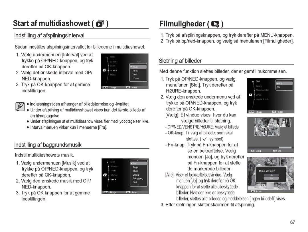 Samsung EC-ES55ZABP/E2, EC-ES55ZBBP/E2 manual Filmuligheder, Indstilling af afspilningsinterval, Sletning af billeder 