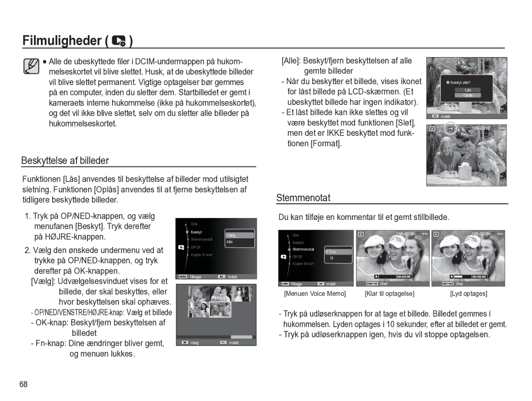 Samsung EC-ES55ZBBP/E2, EC-ES55ZABP/E2, EC-ES55ZSBP/E2, EC-ES55ZPBP/E2 manual Beskyttelse af billeder 