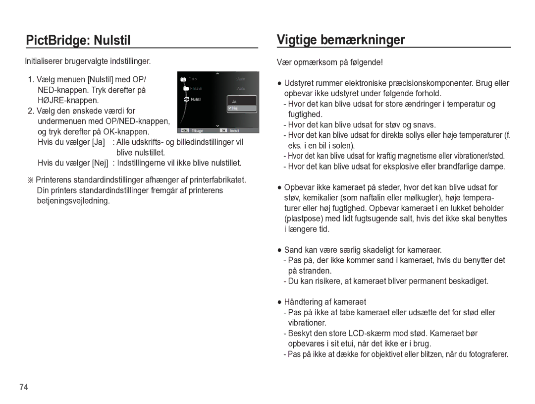 Samsung EC-ES55ZPBP/E2 PictBridge Nulstil, Vigtige bemærkninger, NED-knappen. Tryk derefter på, Vælg den ønskede værdi for 