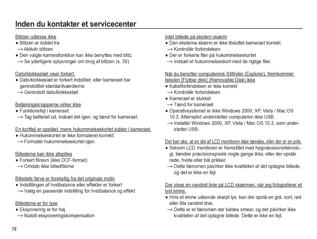 Samsung EC-ES55ZPBP/E2, EC-ES55ZABP/E2, EC-ES55ZBBP/E2 manual Blitzen udløses ikke Blitzen er koblet fra Aktivér blitzen 