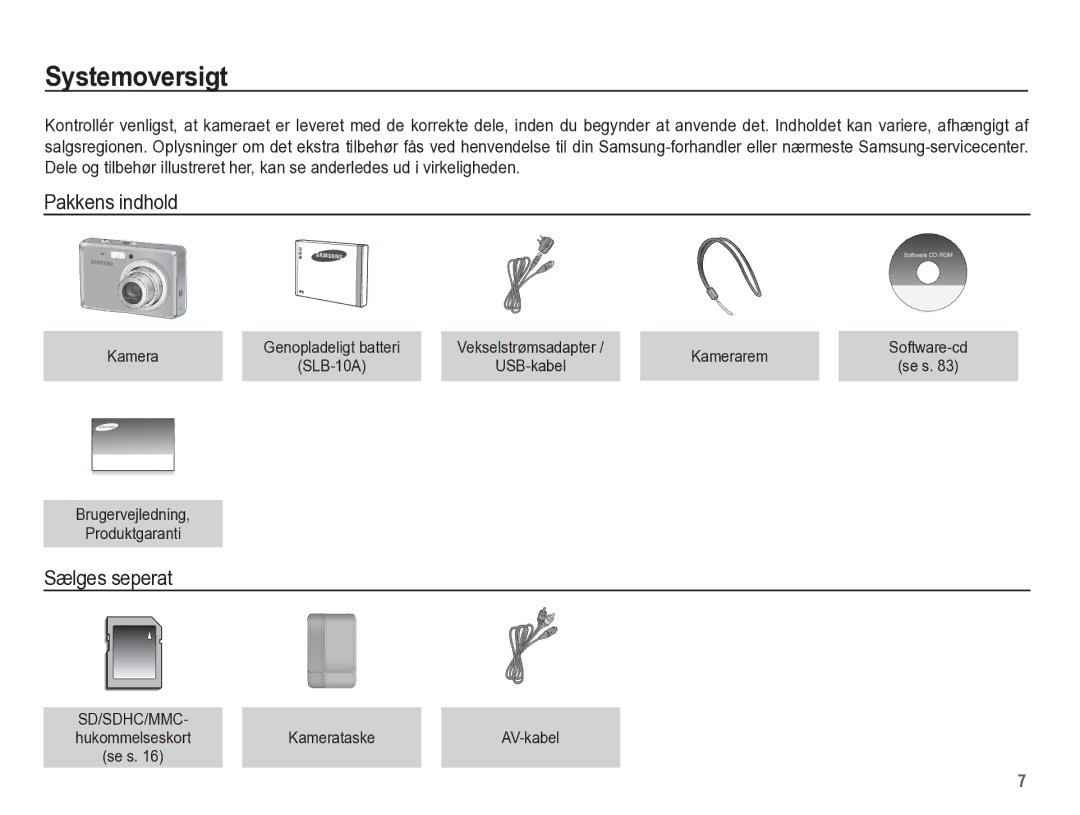 Samsung EC-ES55ZABP/E2, EC-ES55ZBBP/E2, EC-ES55ZSBP/E2, EC-ES55ZPBP/E2 manual Systemoversigt, Pakkens indhold, Sælges seperat 