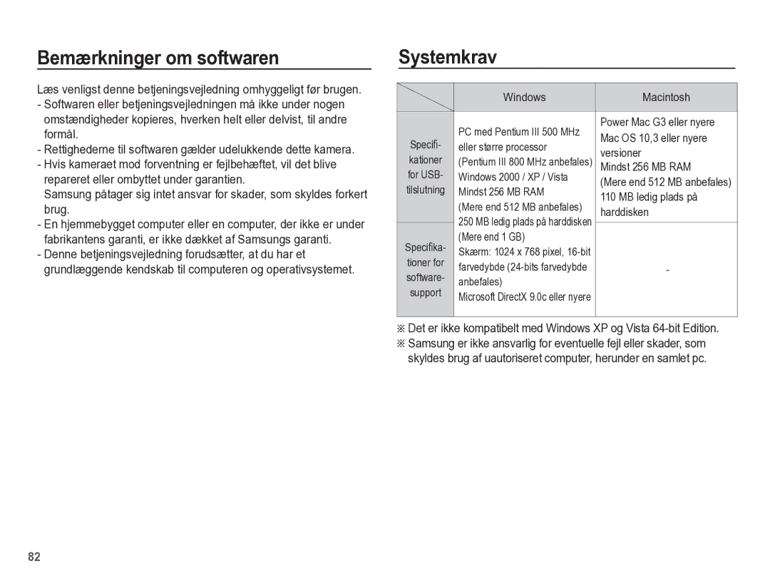 Samsung EC-ES55ZPBP/E2, EC-ES55ZABP/E2, EC-ES55ZBBP/E2, EC-ES55ZSBP/E2 manual Bemærkninger om softwaren, Systemkrav 