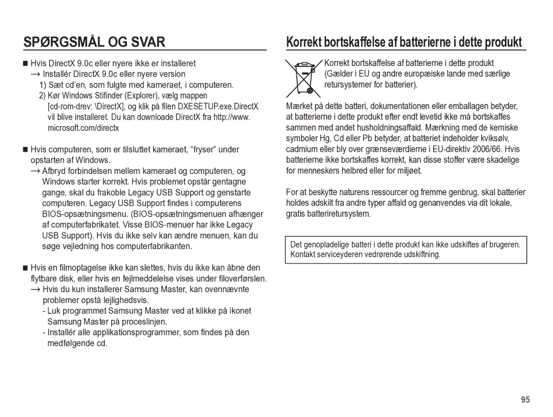 Samsung EC-ES55ZABP/E2, EC-ES55ZBBP/E2, EC-ES55ZSBP/E2, EC-ES55ZPBP/E2 Korrekt bortskaffelse af batterierne i dette produkt 