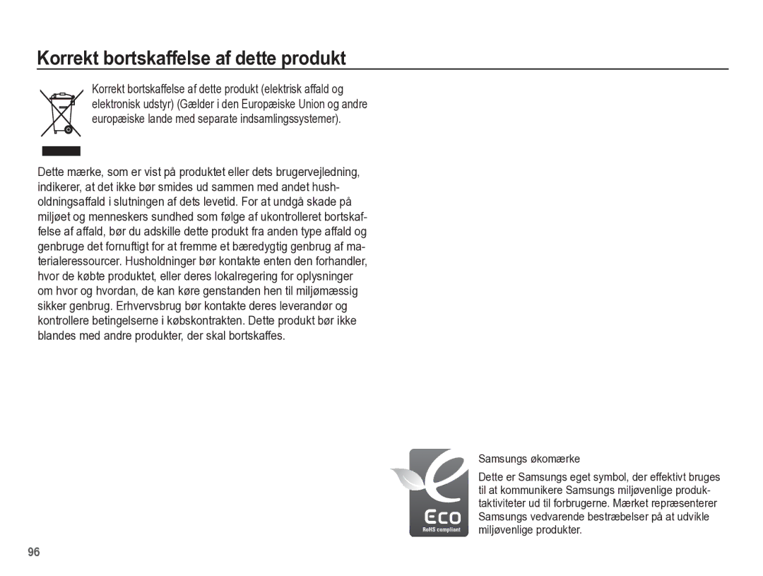 Samsung EC-ES55ZBBP/E2, EC-ES55ZABP/E2, EC-ES55ZSBP/E2 manual Korrekt bortskaffelse af dette produkt, Samsungs økomærke 