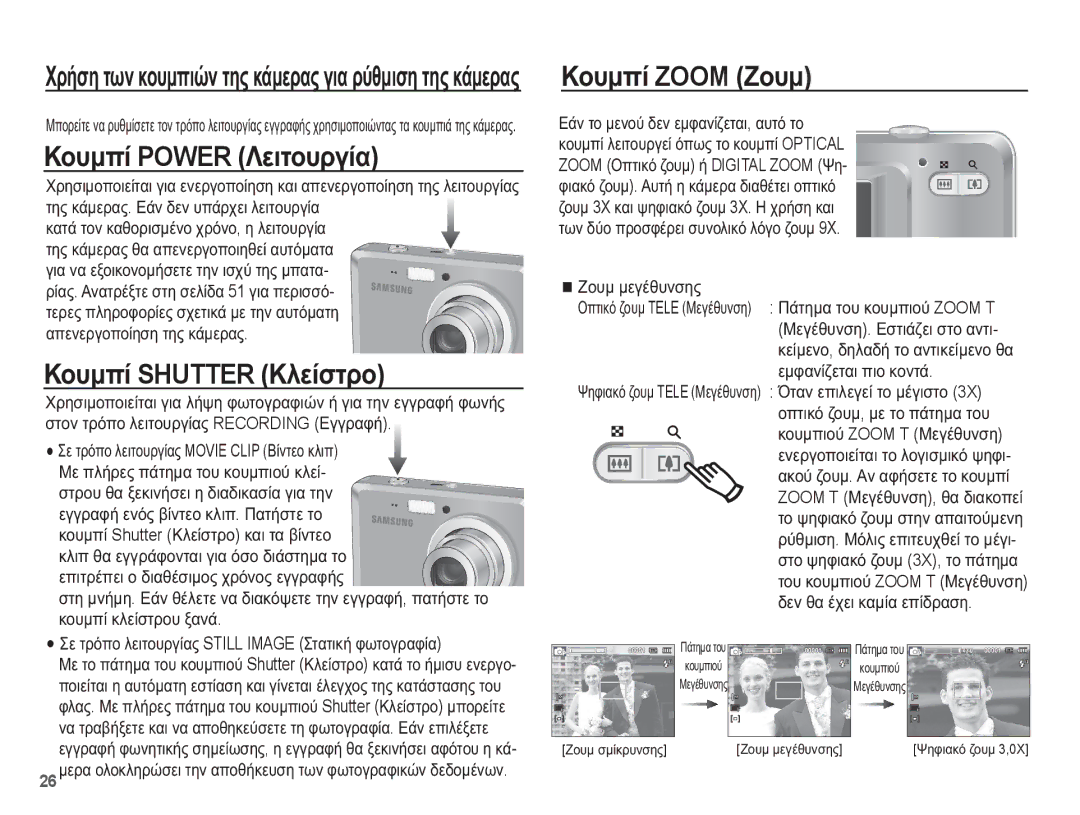 Samsung EC-ES55ZPBP/E3, EC-ES55ZBBP/E3, EC-ES55ZABP/E3 ȀȠȣȝʌȓ Power ȁİȚĲȠȣȡȖȓĮ, ȀȠȣȝʌȓ Shutter ȀȜİȓıĲȡȠ, ȀȠȣȝʌȓ Zoom ǽȠȣȝ 