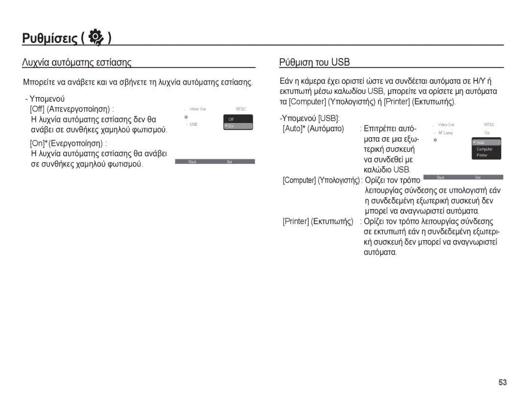 Samsung EC-ES55ZABA/E3, EC-ES55ZBBP/E3, EC-ES55ZABP/E3, EC-ES55ZPBP/E3 manual ȀȣȤȞȓĮ ĮȣĲȩȝĮĲȘȢ İıĲȓĮıȘȢ, ȆȪșȝȚıȘ ĲȠȣ USB 