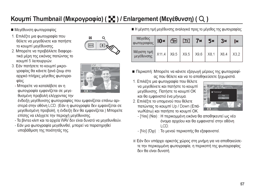 Samsung EC-ES55ZSBP/E3, EC-ES55ZBBP/E3, EC-ES55ZABP/E3 manual ȀȠȣȝʌȓ Thumbnail ȂȚțȡȠȖȡĮĳȓĮ º / Enlargement ȂİȖȑșȣȞıȘ í 