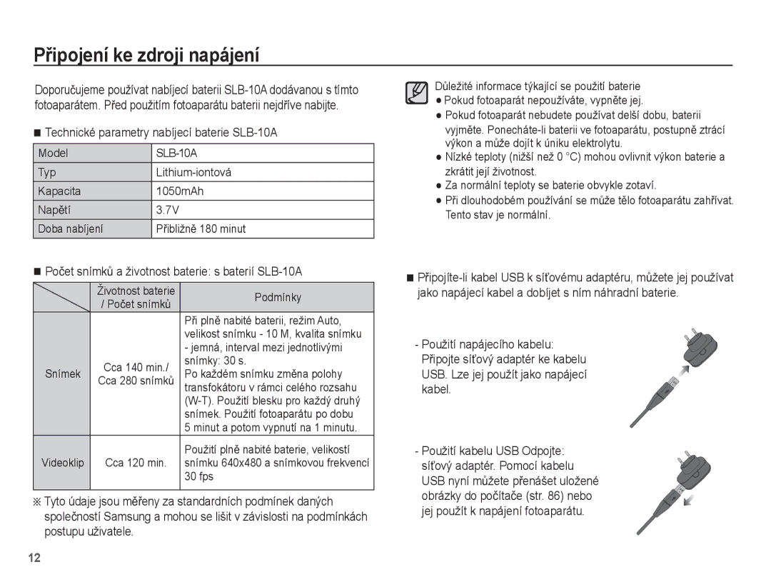 Samsung EC-ES55ZSBP/E3, EC-ES55ZBBP/E3 manual PĜipojení ke zdroji napájení, Technické parametry nabíjecí baterie SLB-10A 