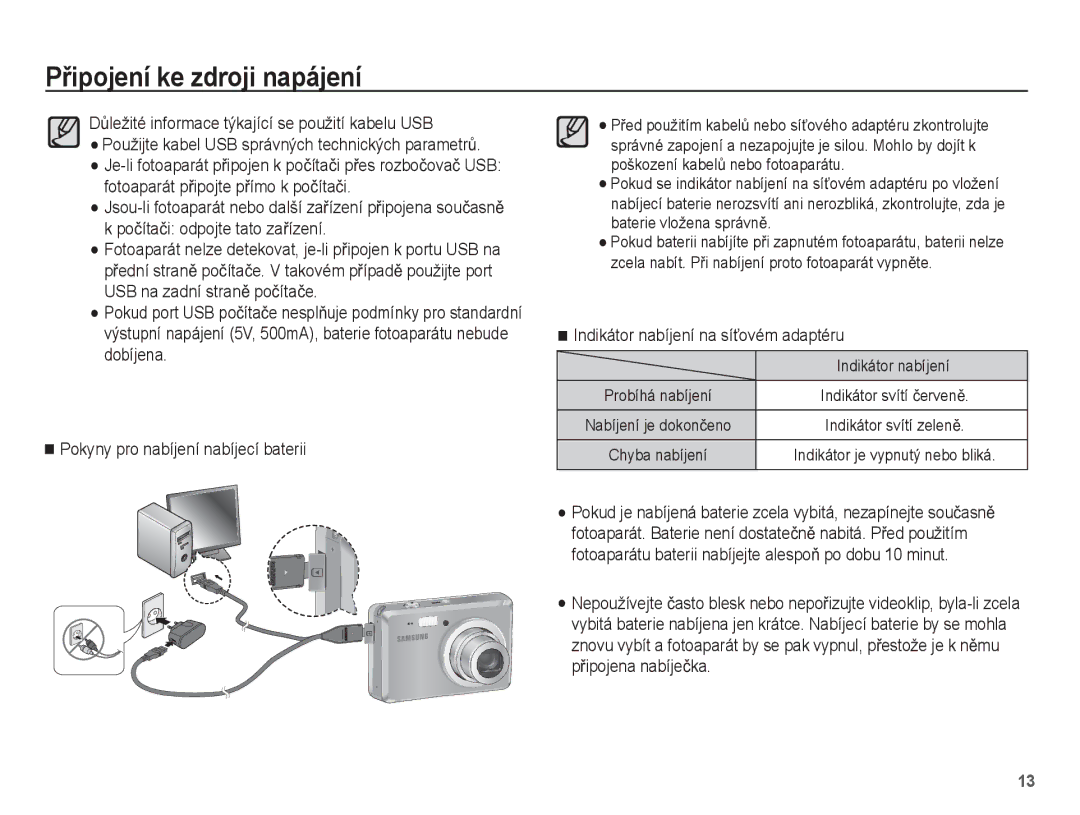 Samsung EC-ES55ZABP/E2, EC-ES55ZBBP/E3, EC-ES55ZABP/E3, EC-ES55ZPBP/E3, EC-ES55ZSBP/E3 Indikátor nabíjení na síĢovém adaptéru 