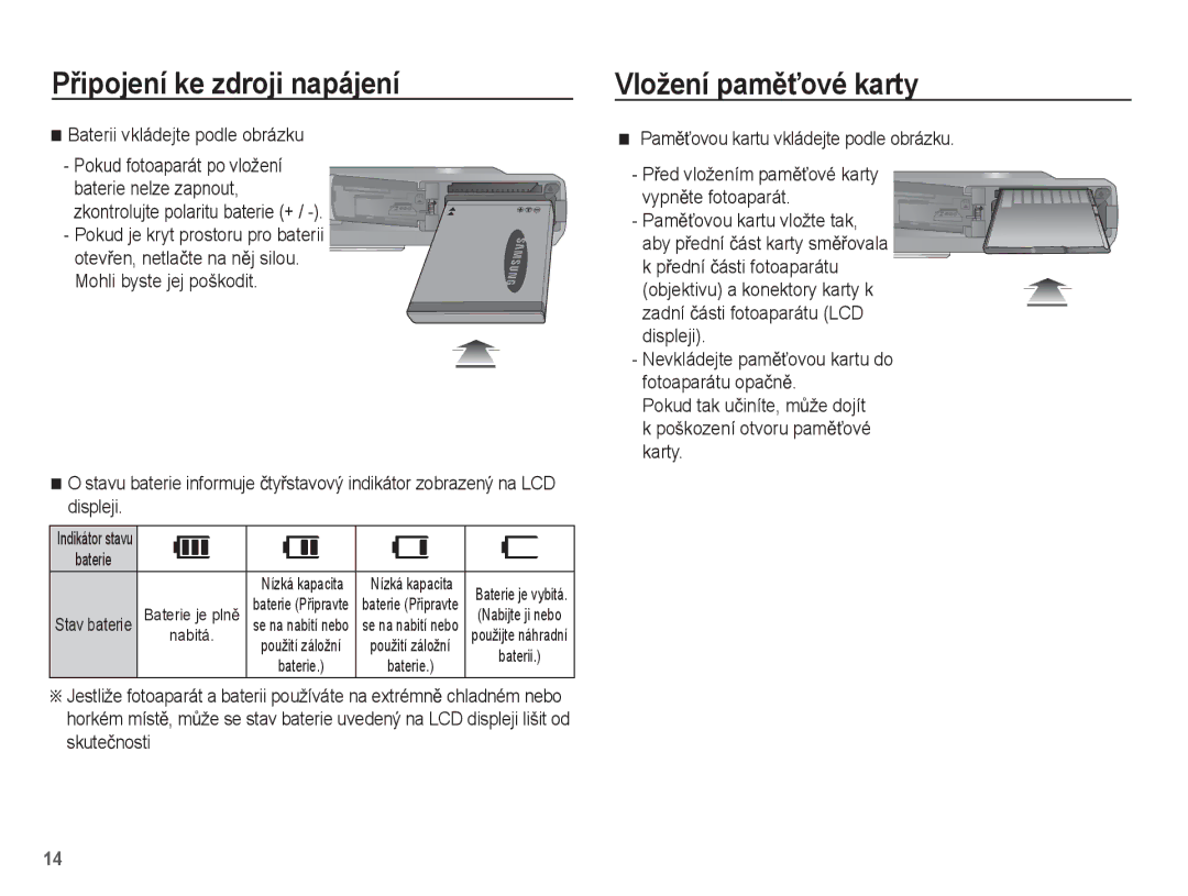 Samsung EC-ES55ZBBP/E3, EC-ES55ZABP/E3 manual Vložení pamČĢové karty, Nevkládejte pamČĢovou kartu do fotoaparátu opaþnČ 