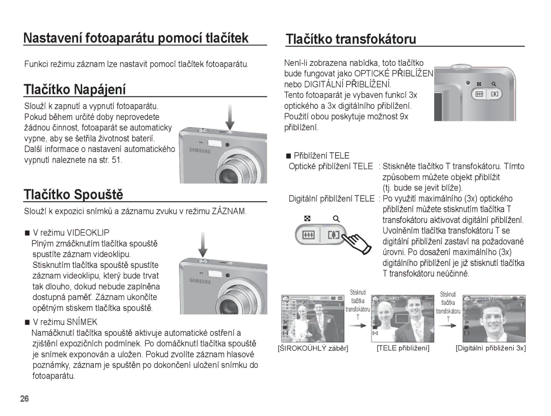 Samsung EC-ES55ZPBP/E3, EC-ES55ZBBP/E3, EC-ES55ZABP/E3 manual Tlaþítko Napájení, Tlaþítko SpouštČ, Tlaþítko transfokátoru 