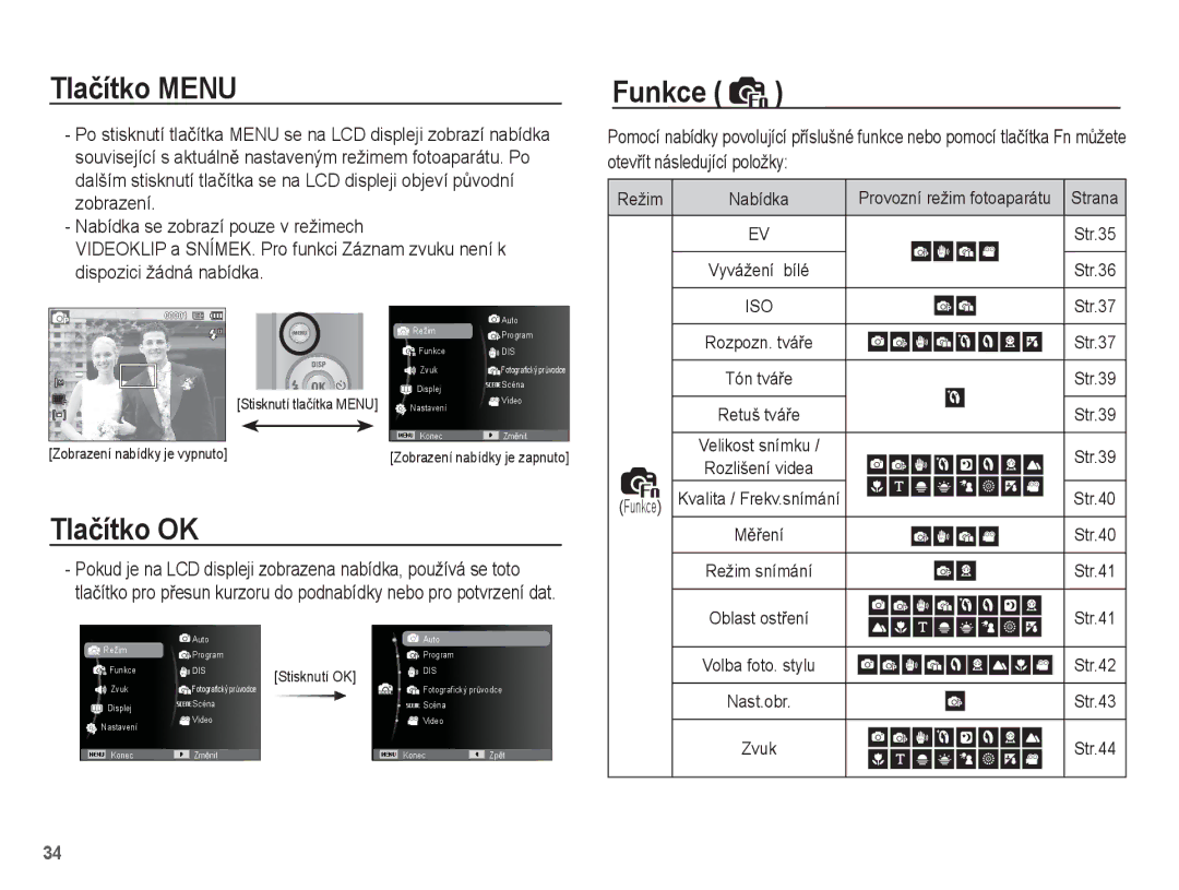 Samsung EC-ES55ZBBP/E3 Tlaþítko Menu Funkce, Tlaþítko OK, Zobrazení, Videoklip a SNÍMEK. Pro funkci Záznam zvuku není k 