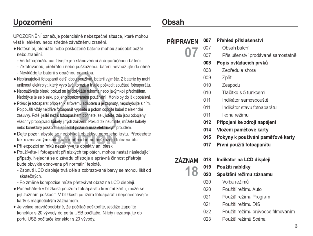 Samsung EC-ES55ZABP/E2, EC-ES55ZBBP/E3 manual UpozornČní Obsah, Obsah balení 007 PĜíslušenství prodávané samostatnČ 