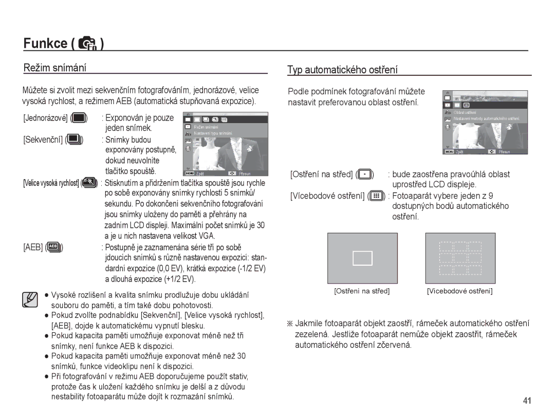 Samsung EC-ES55ZPBP/E3 manual Podle podmínek fotografování mĤžete, Nastavit preferovanou oblast ostĜení, Jeden snímek 