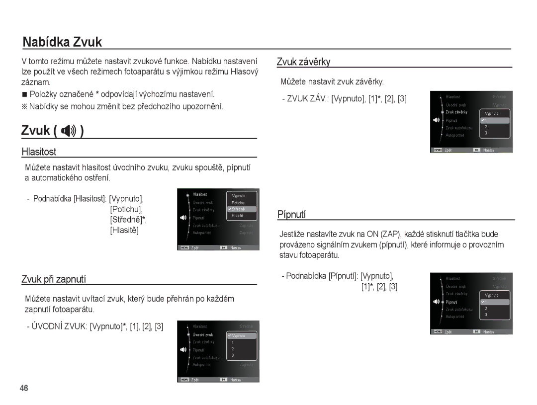 Samsung EC-ES55ZPBP/E3, EC-ES55ZBBP/E3, EC-ES55ZABP/E3, EC-ES55ZSBP/E3, EC-ES55ZABP/E2 manual Nabídka Zvuk, Zvuk  