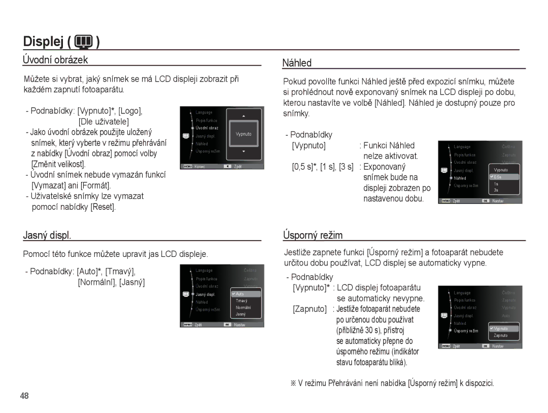 Samsung EC-ES55ZABP/E2, EC-ES55ZBBP/E3, EC-ES55ZABP/E3, EC-ES55ZPBP/E3, EC-ES55ZSBP/E3 manual Jasný displ, Úsporný režim 