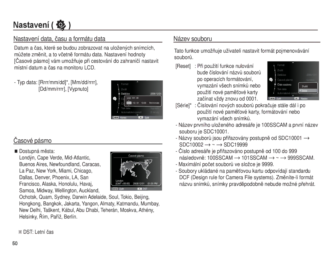 Samsung EC-ES55ZABP/E3, EC-ES55ZBBP/E3, EC-ES55ZPBP/E3 Nastavení data, þasu a formátu data, Ýasové pásmo, Název souboru 