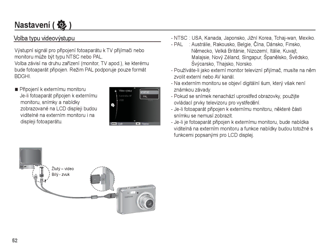 Samsung EC-ES55ZSBP/E3, EC-ES55ZBBP/E3, EC-ES55ZABP/E3, EC-ES55ZPBP/E3, EC-ES55ZABP/E2 manual Volba typu videovýstupu 