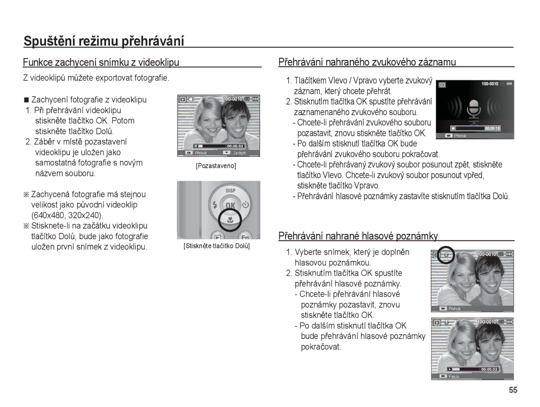 Samsung EC-ES55ZABP/E3, EC-ES55ZBBP/E3 manual Funkce zachycení snímku z videoklipu, PĜehrávání nahraného zvukového záznamu 