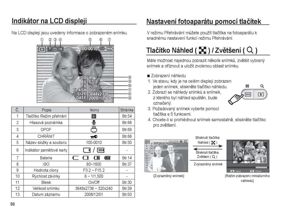 Samsung EC-ES55ZPBP/E3 manual Nastavení fotoaparátu pomocí tlaþítek, Tlaþítko Náhled º / ZvČtšení í, Zobrazení náhledu 