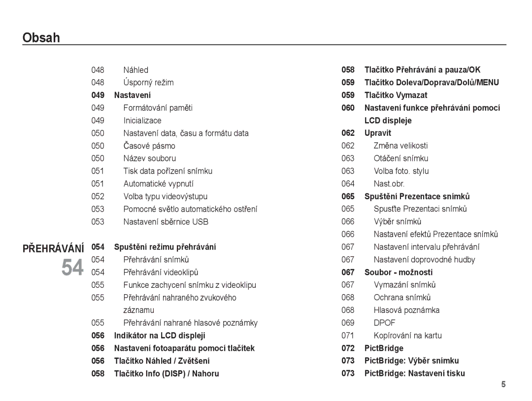 Samsung EC-ES55ZABP/E3 Náhled, Úsporný režim, Formátování pamČti, Inicializace, Nastavení data, þasu a formátu data, 067 