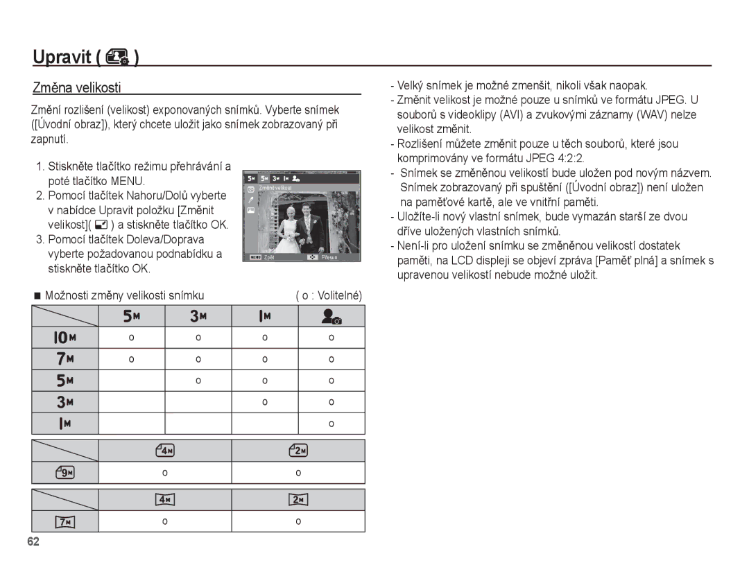 Samsung EC-ES55ZSBP/E3, EC-ES55ZBBP/E3, EC-ES55ZABP/E3, EC-ES55ZPBP/E3, EC-ES55ZABP/E2 manual Upravit, ZmČna velikosti 