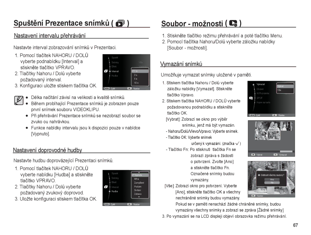 Samsung EC-ES55ZSBP/E3, EC-ES55ZBBP/E3 manual Nastavení intervalu pĜehrávání, Vymazání snímkĤ, Nastavení doprovodné hudby 