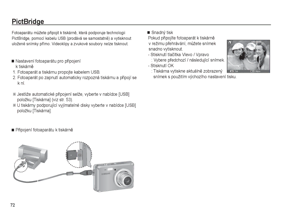 Samsung EC-ES55ZSBP/E3, EC-ES55ZBBP/E3, EC-ES55ZABP/E3 manual PictBridge, Snímek s použitím výchozího nastavení tisku 