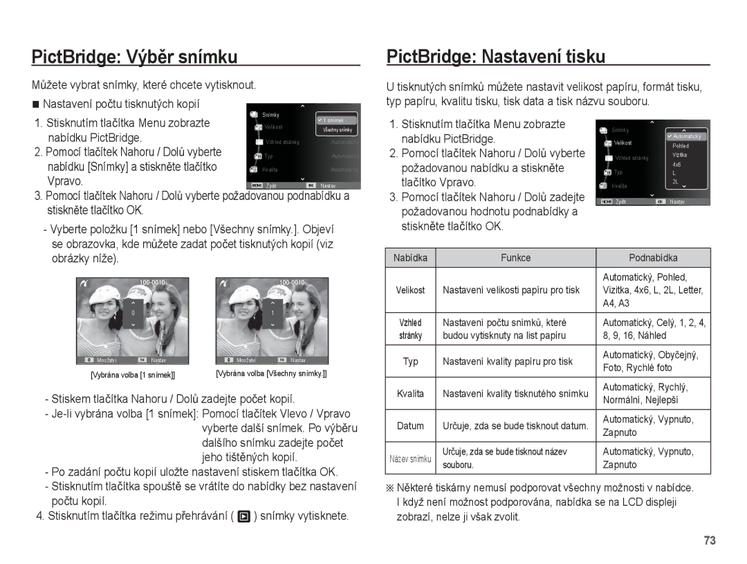 Samsung EC-ES55ZABP/E2, EC-ES55ZBBP/E3, EC-ES55ZABP/E3, EC-ES55ZPBP/E3 PictBridge VýbČr snímku, PictBridge Nastavení tisku 