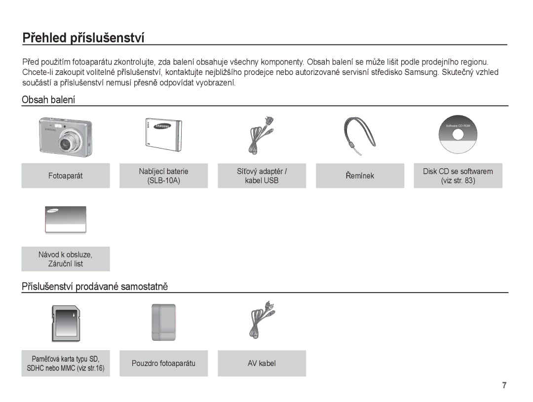 Samsung EC-ES55ZSBP/E3, EC-ES55ZBBP/E3 manual PĜehled pĜíslušenství, Obsah balení, PĜíslušenství prodávané samostatnČ 