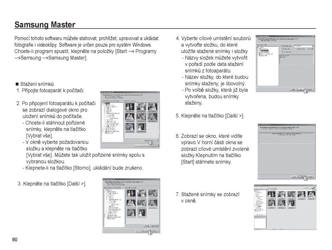 Samsung EC-ES55ZABP/E3, EC-ES55ZBBP/E3, EC-ES55ZPBP/E3 manual Samsung Master, Vybrat vše, Stažené snímky se zobrazí v oknČ 