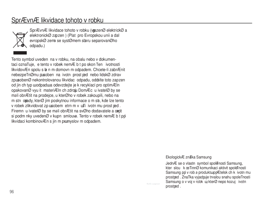 Samsung EC-ES55ZPBP/E3, EC-ES55ZBBP/E3, EC-ES55ZABP/E3 manual Správná likvidace tohoto výrobku, Ekologická znaþka Samsung 